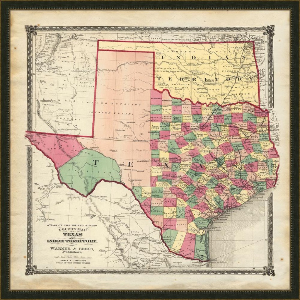 32 In. X 32 In. &amp;quot;vintage Map Of Texas&amp;quot; Framed Giclee Print Wall Art - Map Of Texas Art