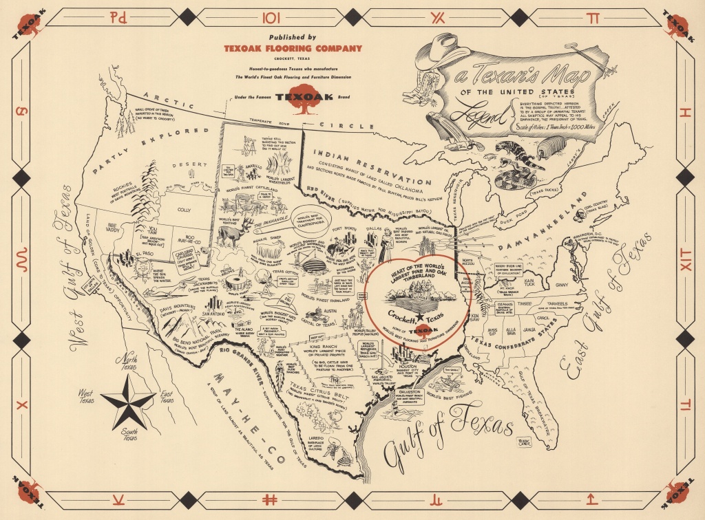 A Texan's Map Of The United States'. 1950's Parody Map Put Out - Crockett Texas Map