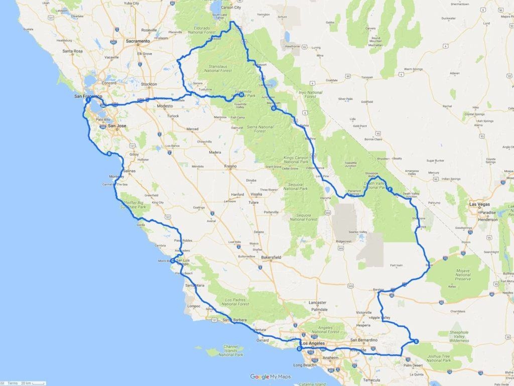 A Two Week California Road Trip Itinerary - Finding The Universe - California Vacation Planning Map