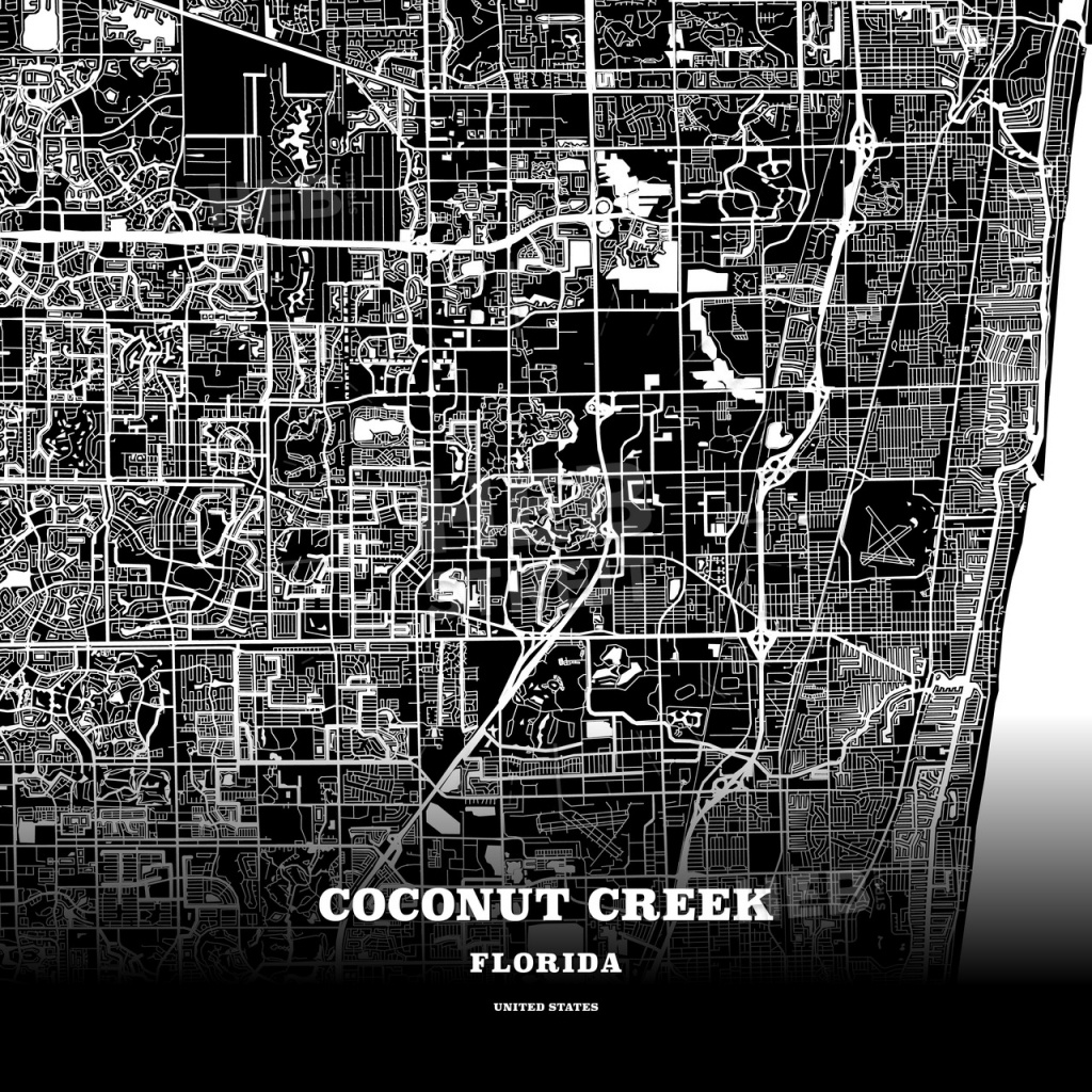 Black Map Poster Template Of Coconut Creek, Florida, Usa - Florida Map Poster