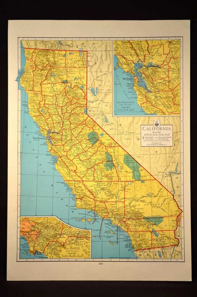 California Map Of California Wall Art Decor Colorful Yellow Vintage - Vintage California Map