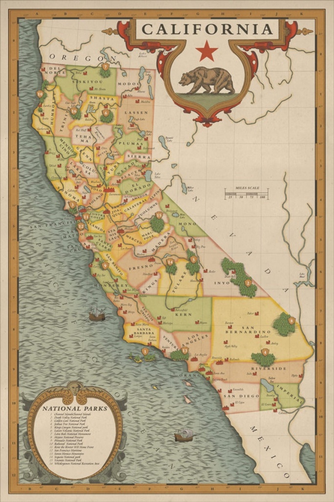 California National Parks Map Vintage California Map | Etsy - Vintage California Map