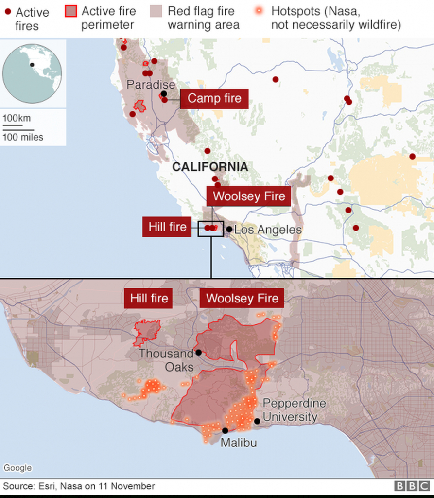 California Wildfires: Death Toll Rises To 25 - Bbc News - California Fire Heat Map