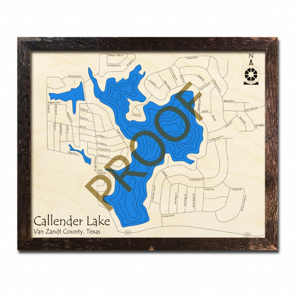 Callender Lake, Texas 3D Wooden Map | Framed Topographic Wood Chart - Lake Of The Pines Texas Map