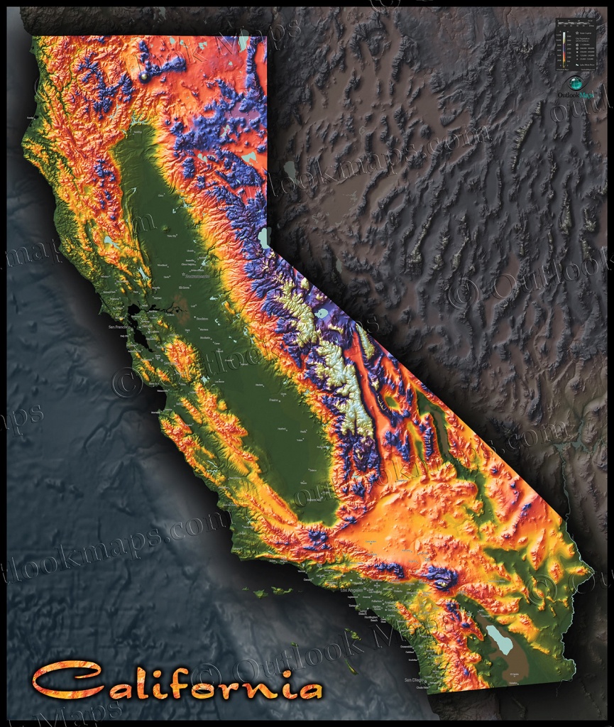 Colorful California Map | Topographical Physical Landscape - California Elevation Map