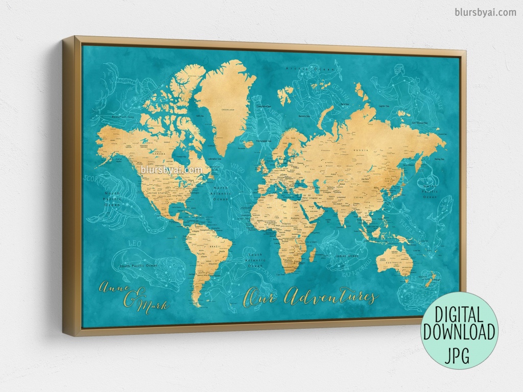 Custom Quote - Gold And Teal Watercolor Printable World Map With - Custom Printable Maps