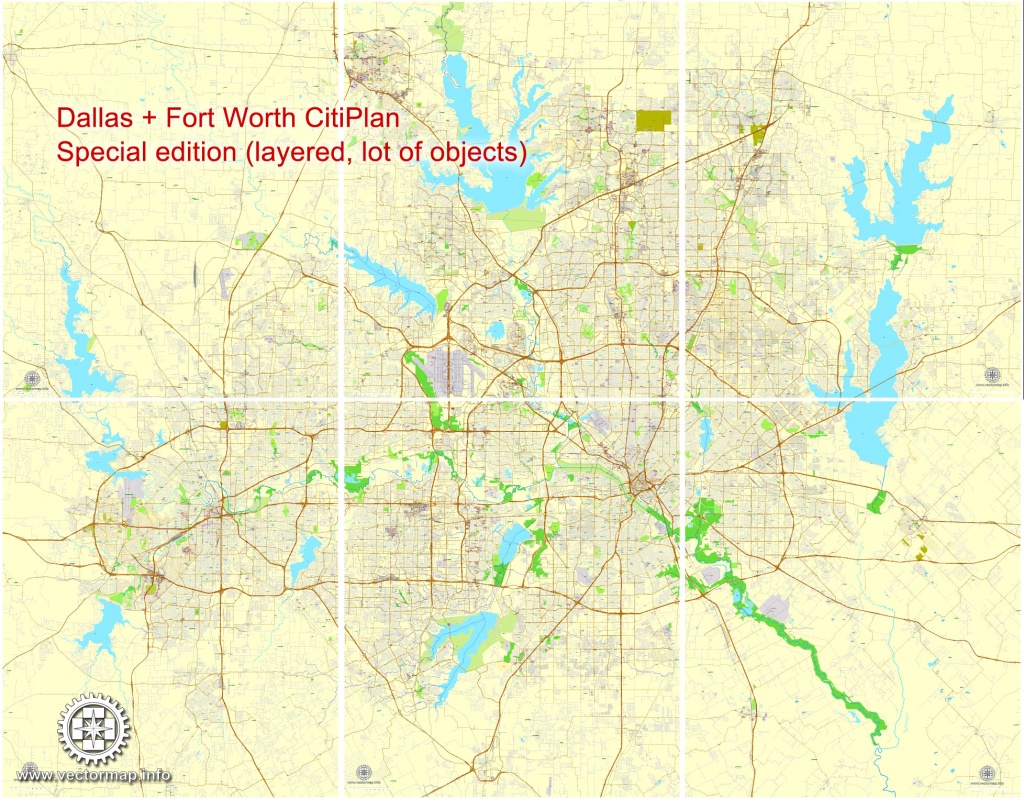 Dallas + Fort Worth Tx Pdf Map, Us, Exact Vector Street Cityplan Map - Printable Map Of Dallas