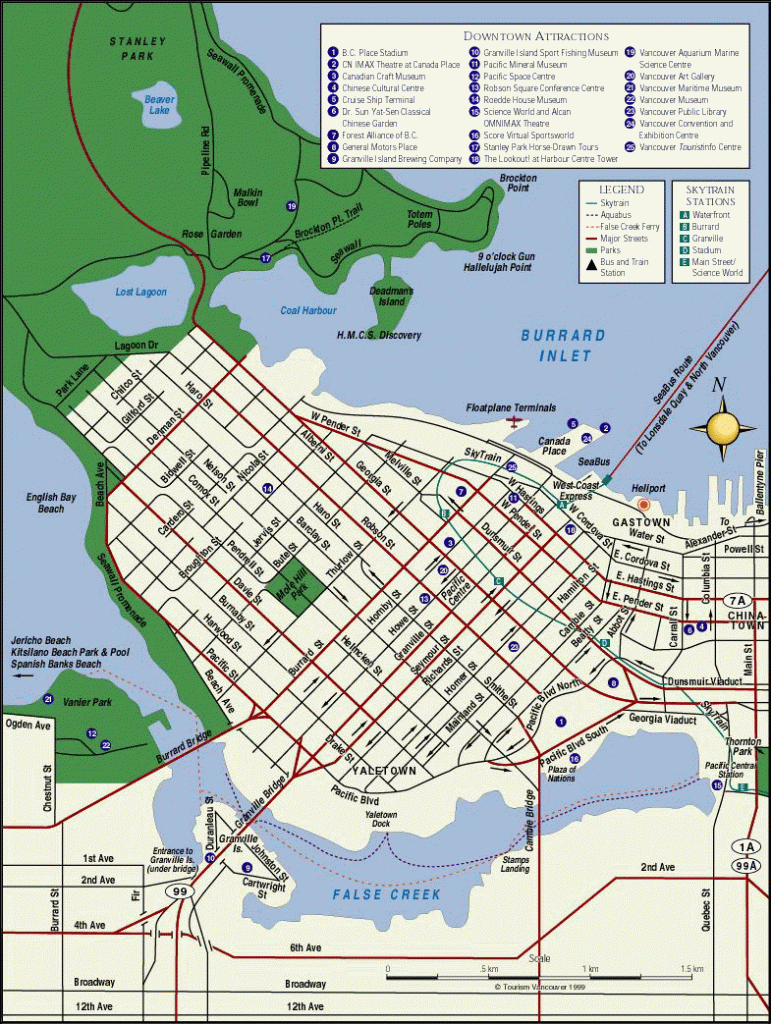 Downtown Vancouver Map - Tourist Attractions In Vancouver - Printable Map Of Vancouver