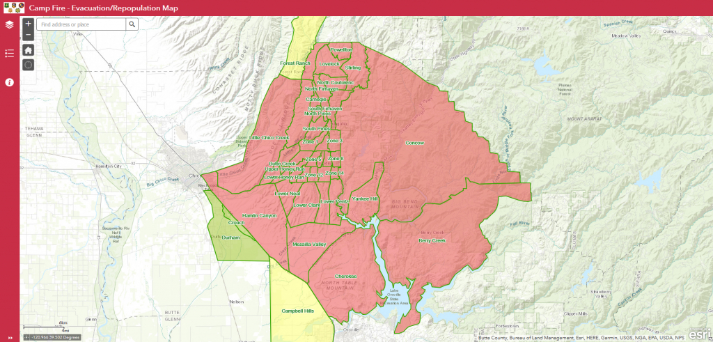 Evacuation/repopulation Map Released For Camp Fire | Ksby - California Campgrounds Map