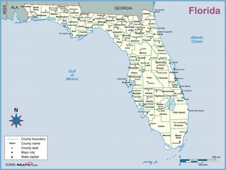 Florida County Outline Wall Map With Counties And Cities - Lgq - Punta ...