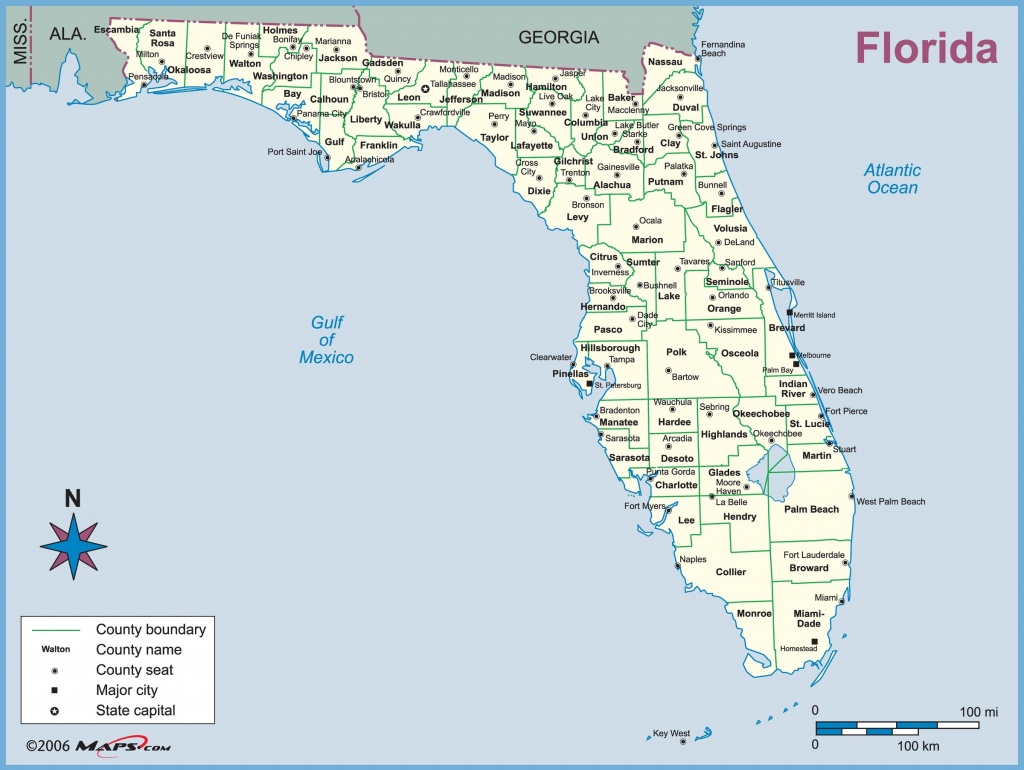 Florida County Outline Wall Map With Counties And Cities - Lgq - Punta ...