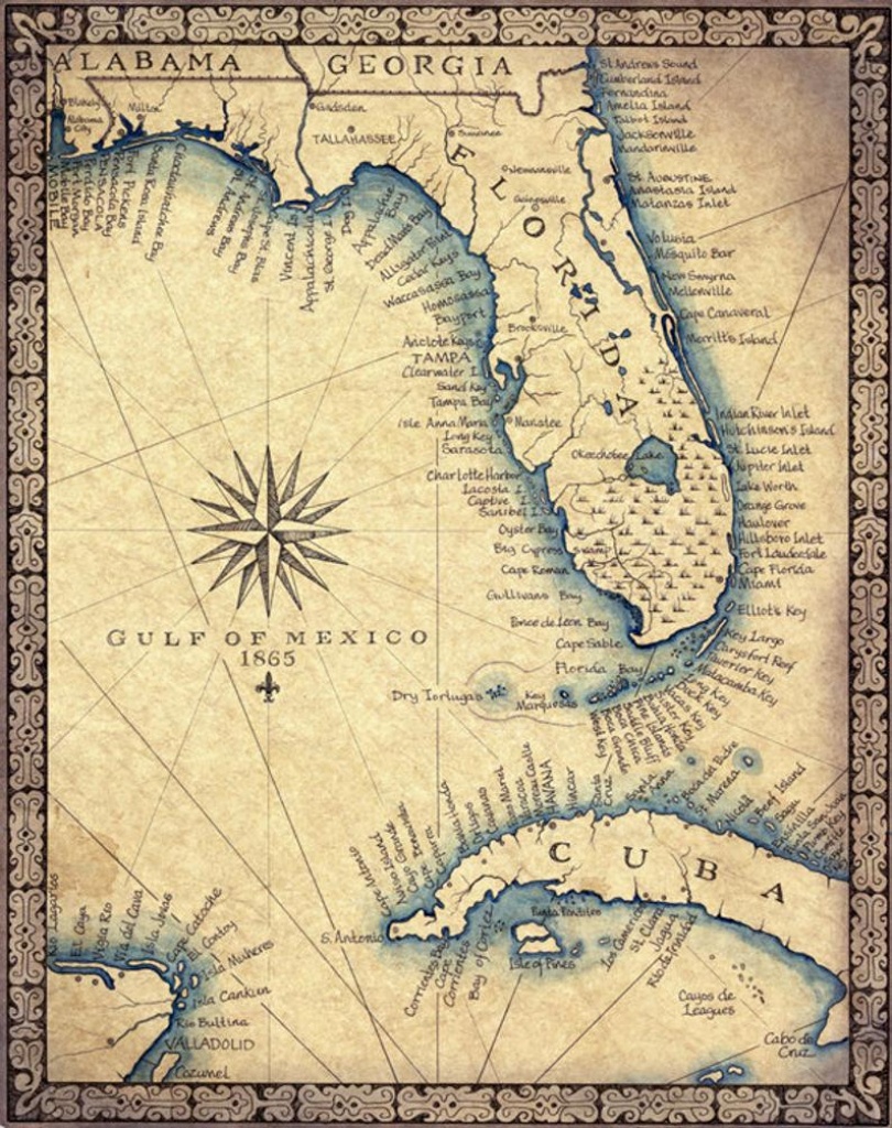 Florida Map Art Print C .1865 11 X 14 Hand Drawn | Etsy - Florida Keys Map Art