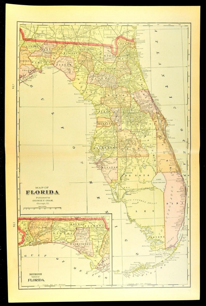 Florida Map Of Florida Wall Art Decor Antique Large Early | Etsy - Florida Map Wall Decor