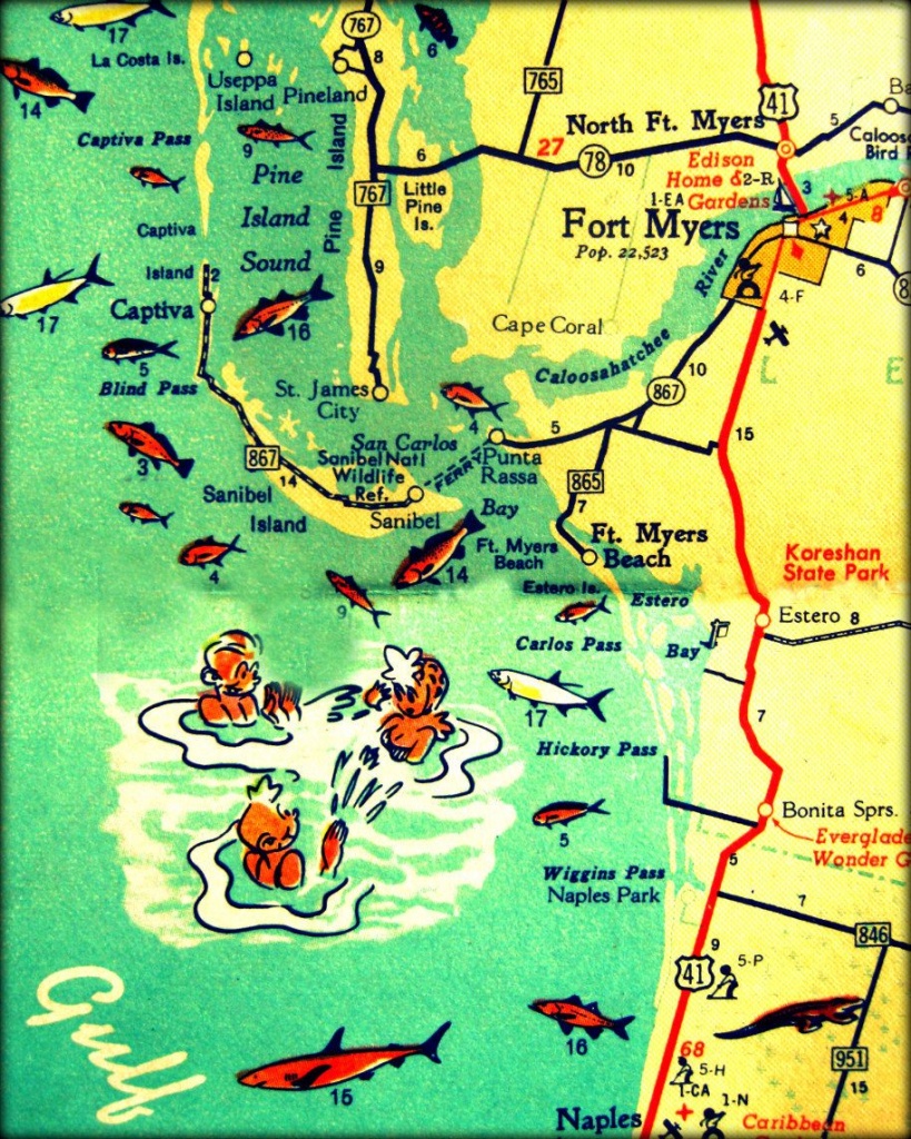 Florida Map Print 11X14 Retro Beach Photo Vintage Vacation Sanibel - Printable Map Of Ft Myers Fl