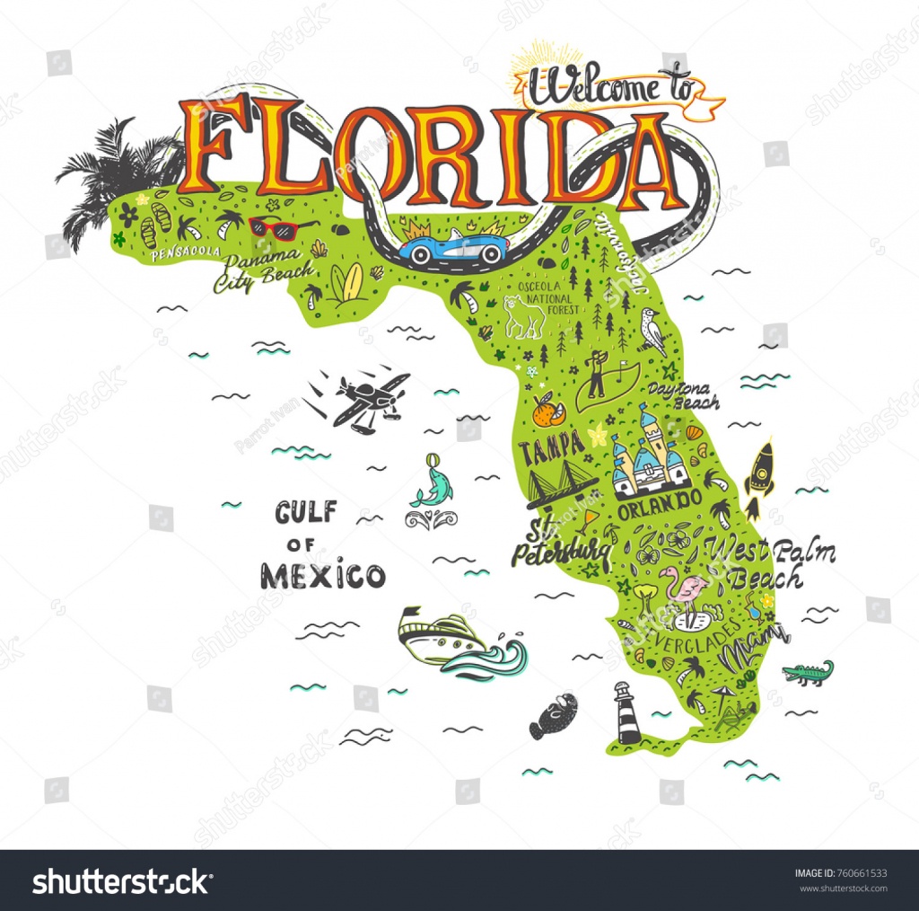 Hand Drawn Illustration Florida Map Tourist Stock Vector (Royalty - Florida Attractions Map