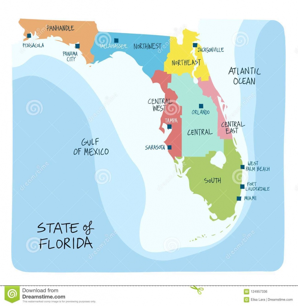 Hand Drawn Map Of Florida With Regions And Counties Stock Vector - Florida Cartoon Map