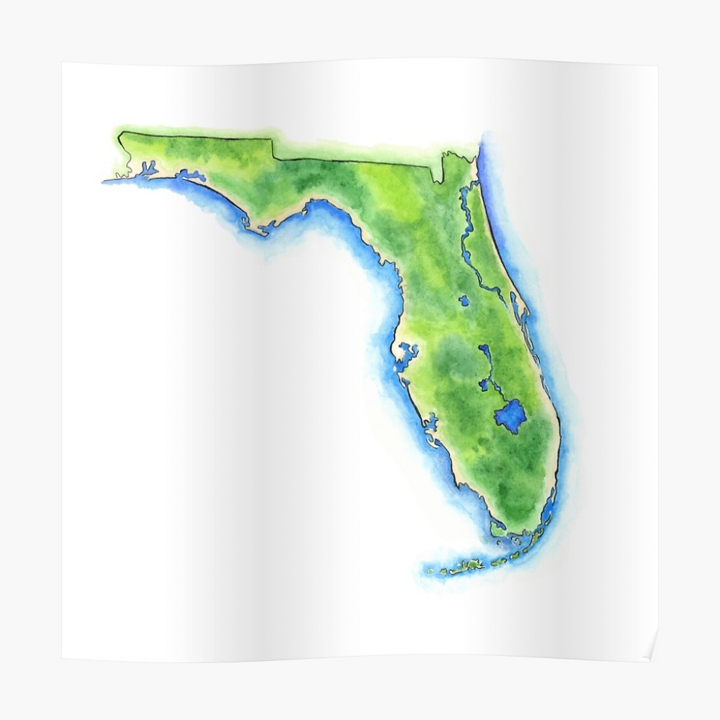 Hand Painted Watercolor Map Of The Us State Of Florida &amp;quot; Poster - Watercolor Florida Map