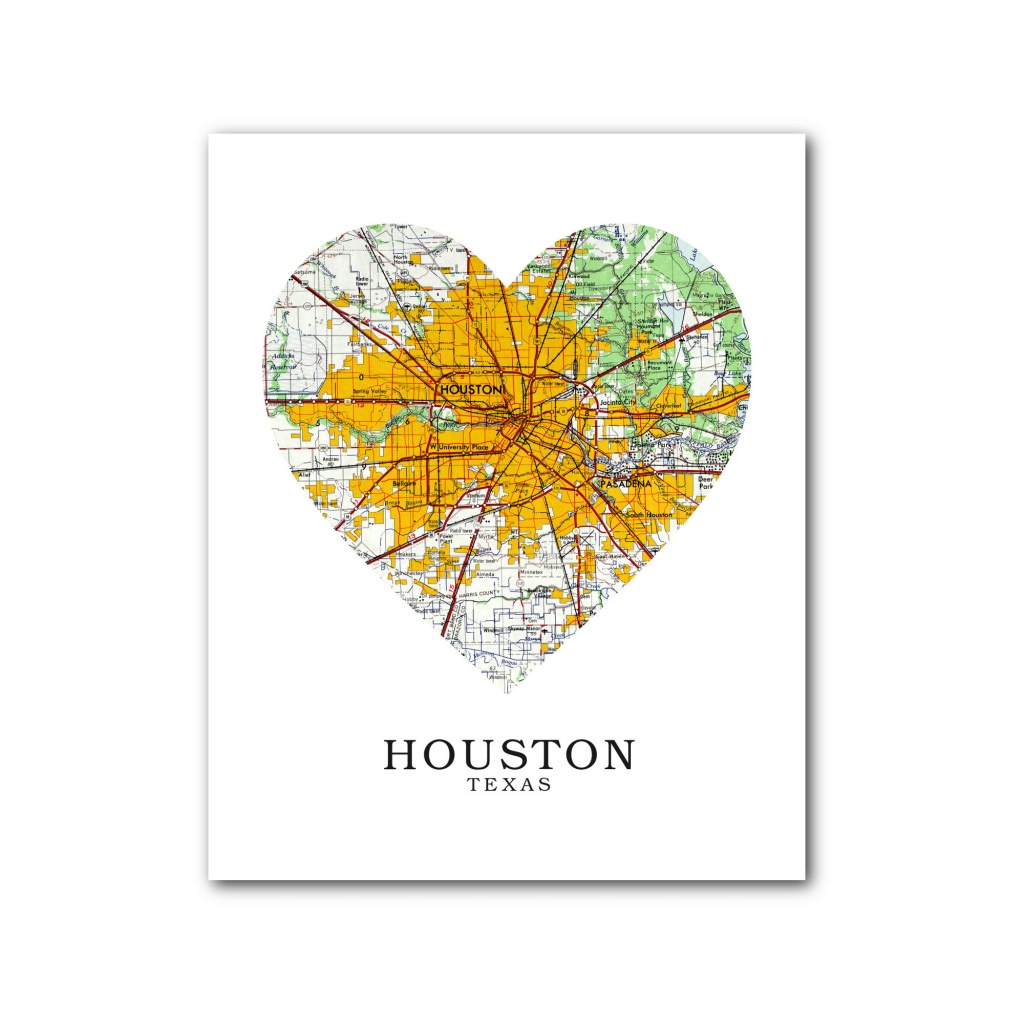 Houston Map Heart Print Houston Map Art Houston Texas Map | Etsy - Texas Map Art