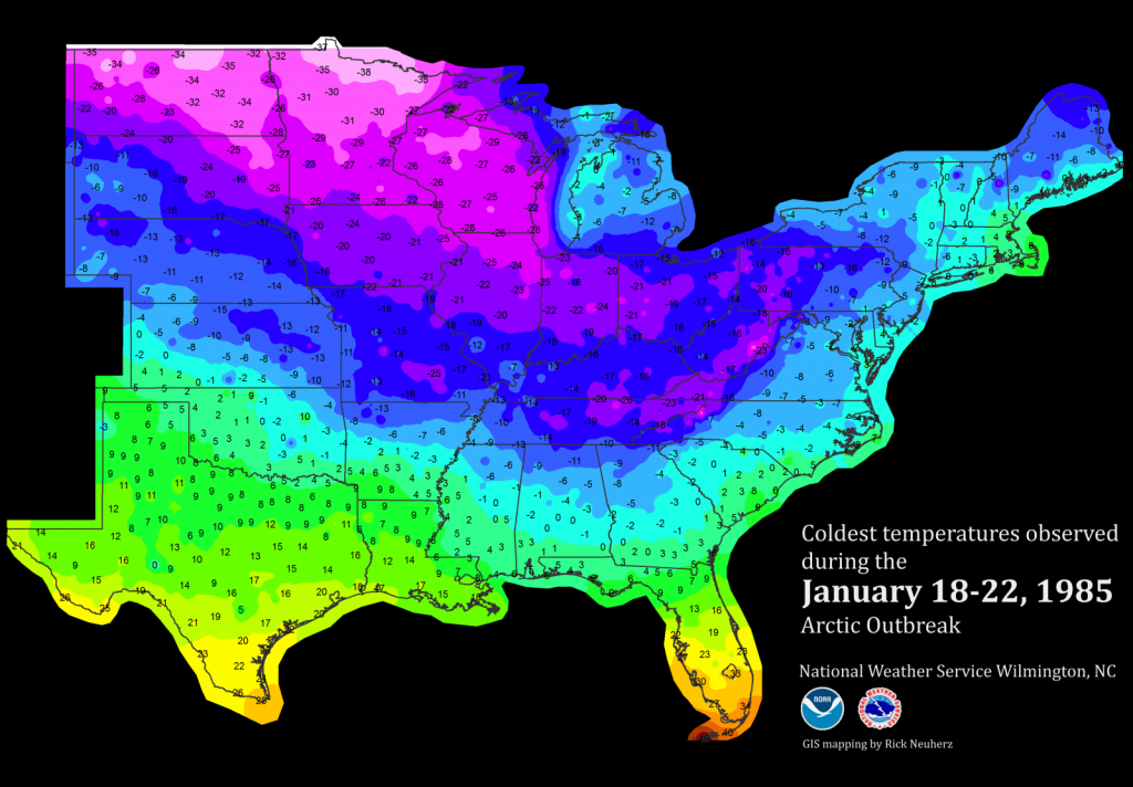 January 1985 Record-Breaking Cold - Florida Temp Map