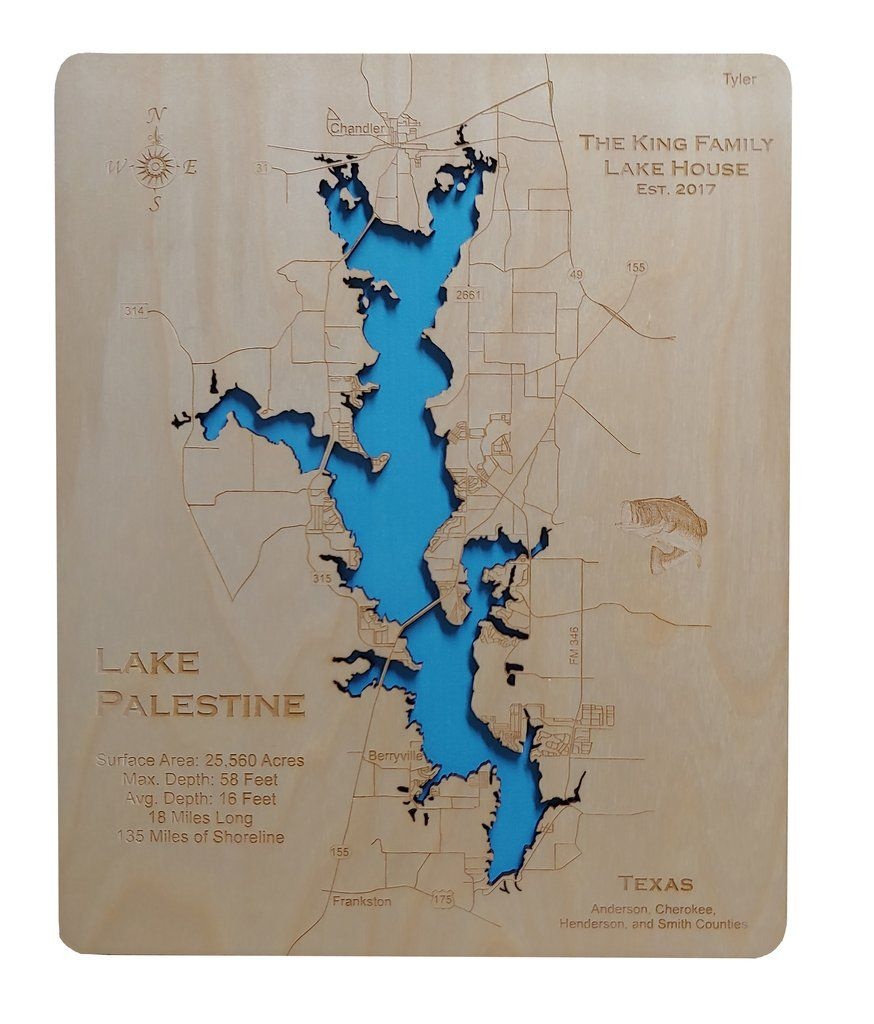 Lake Palestine, Texas - Wood Laser Cut Map In 2019 | Lake Palestine - Palestine Texas Map