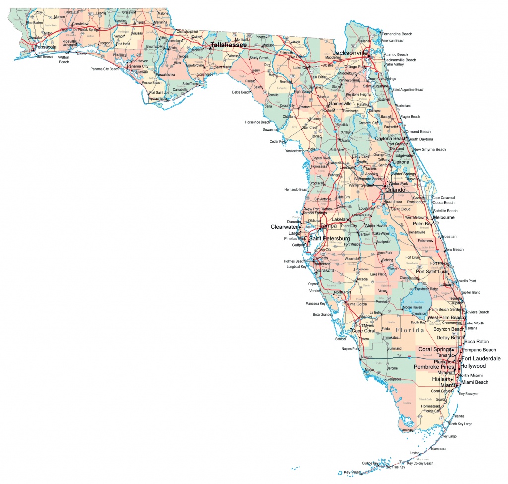 Large Administrative Map Of Florida State With Roads, Highways And - Florida St Map
