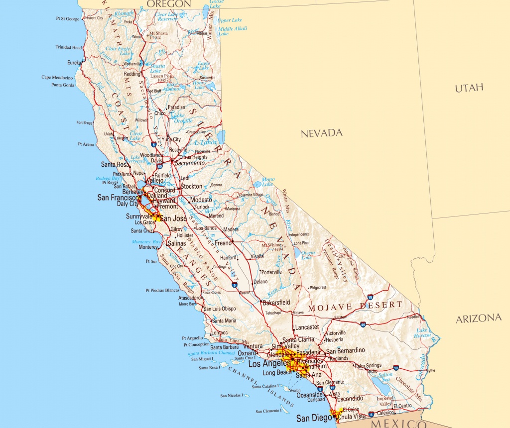 Large Road Map Of California Sate With Relief And Cities - Road Map Of California Usa
