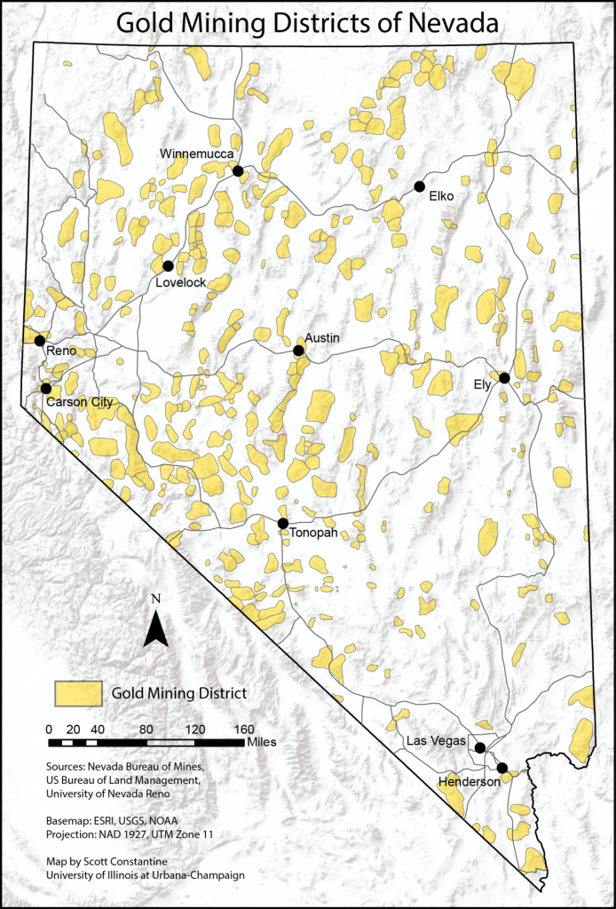 Map Of Gold Mining Districts Of Nevada, According To Nevada Bureau - Gold Prospecting Maps California