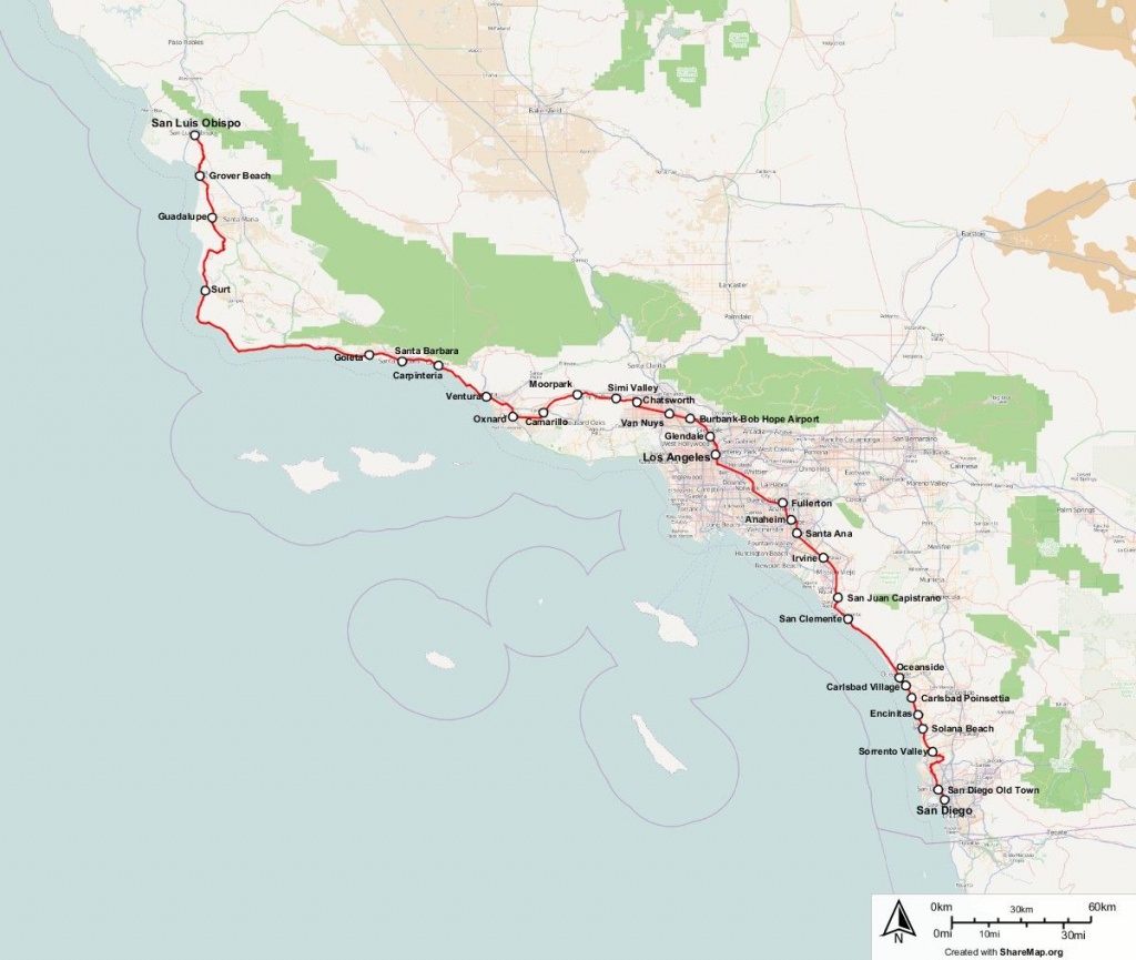 Map Of Route Of Amtrak Pacific Surfliner Train. Pacific Surfliner - Amtrak Stops In California Map
