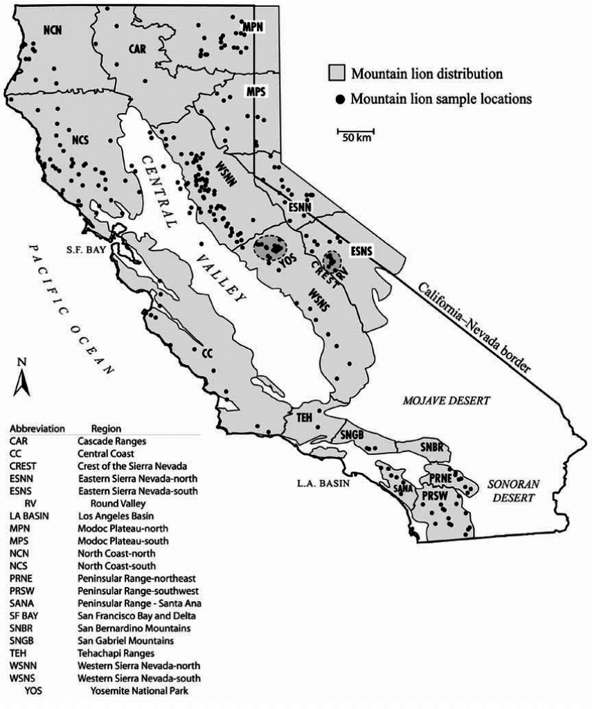 Map Of Sample Locations And Regions Used In Genetic Analysis Of - Mountain Lions In California Map
