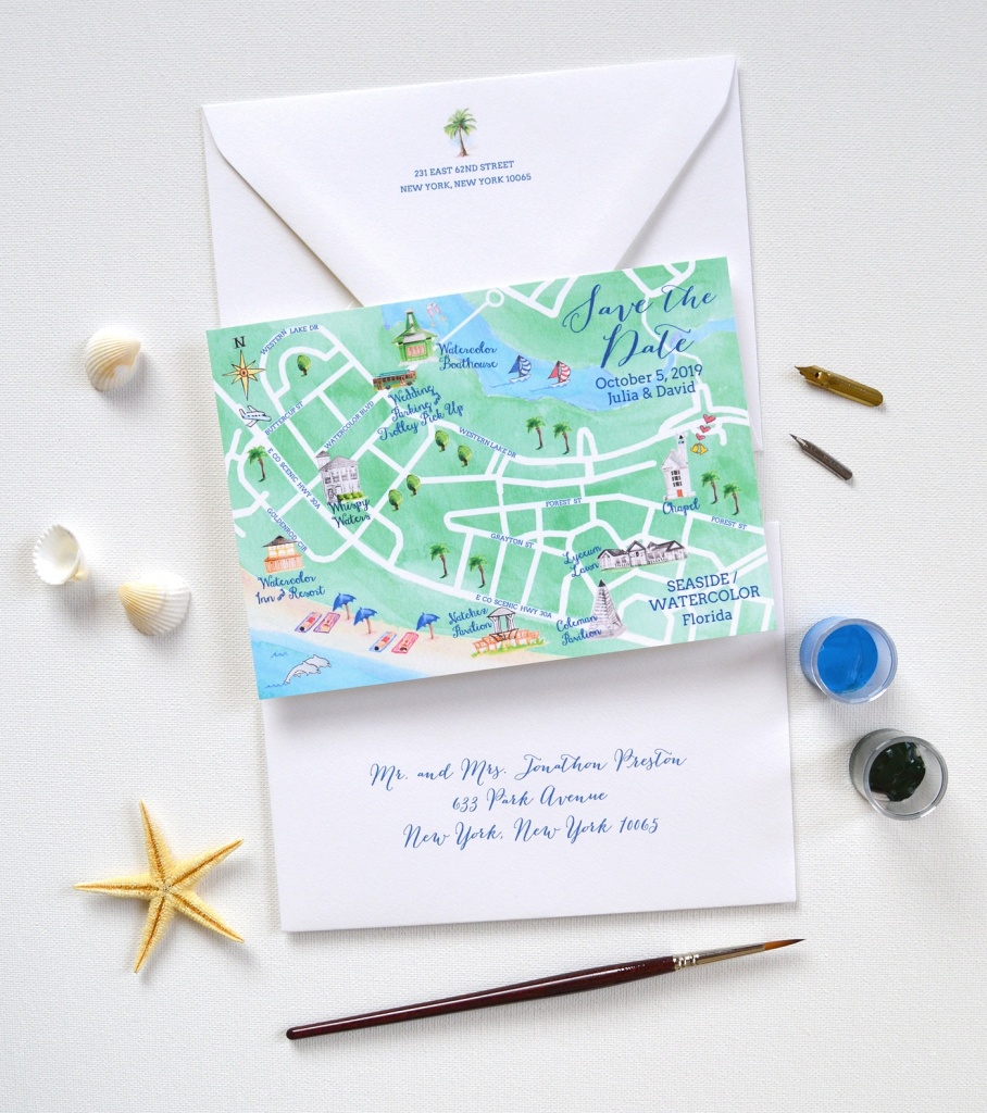 Map Save The Date, Watercolor Seaside Save The Date | Mospens Studio - Map Of Watercolor And Seaside Florida
