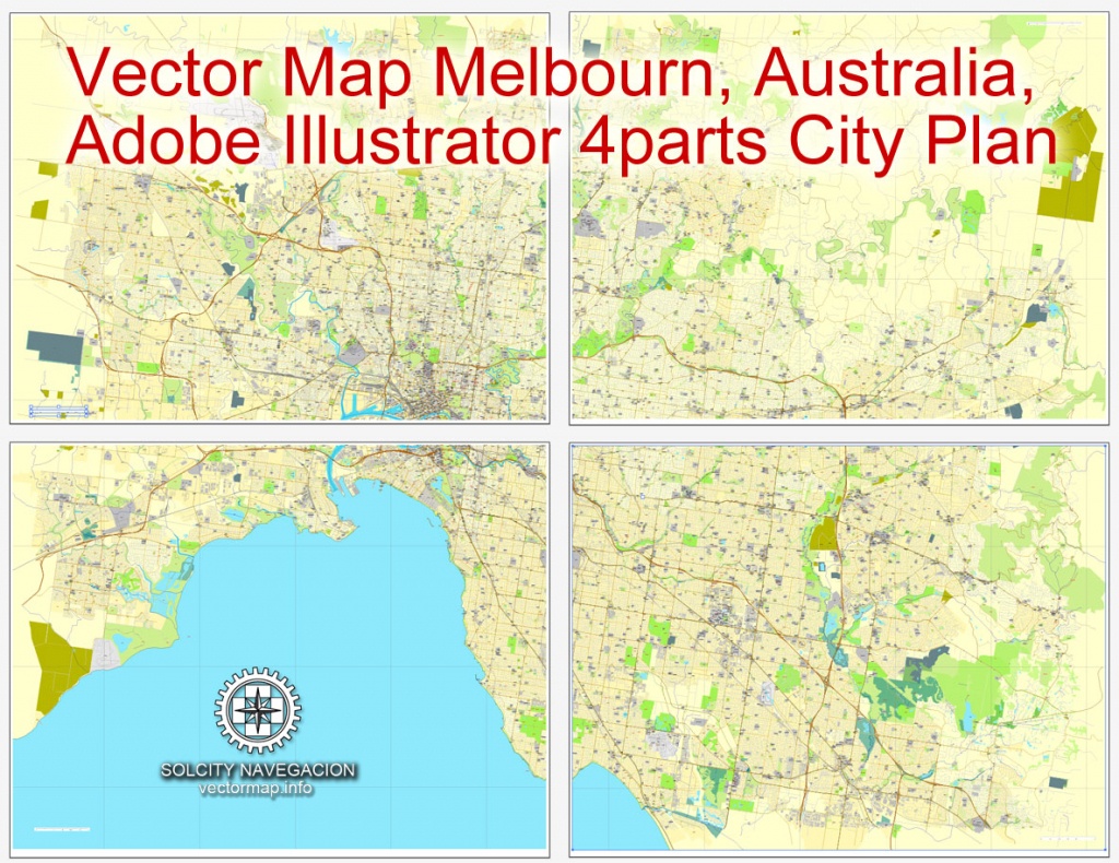 Melbourne, Australia In Adobe Illustrator, Printable Vector Street 4 Parts - Printable Map Of Melbourne