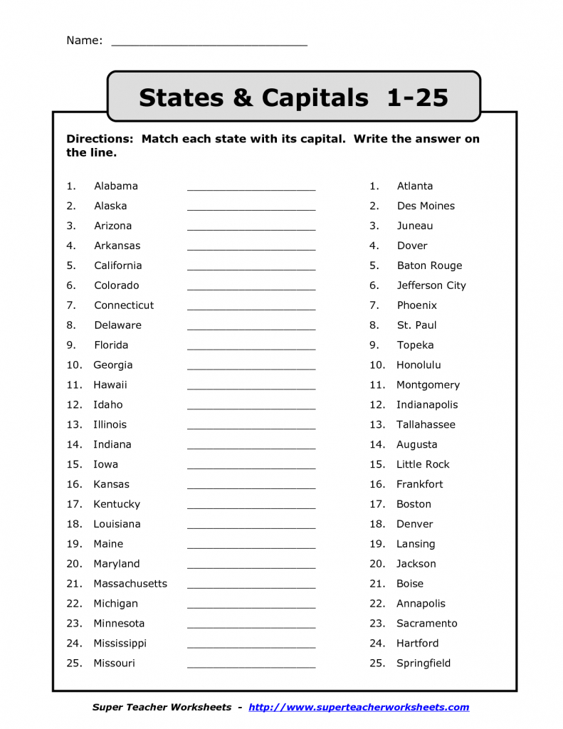 Name States Capitals 1 25 Directions Match Each State With Its - States And Capitals Map Test Printable