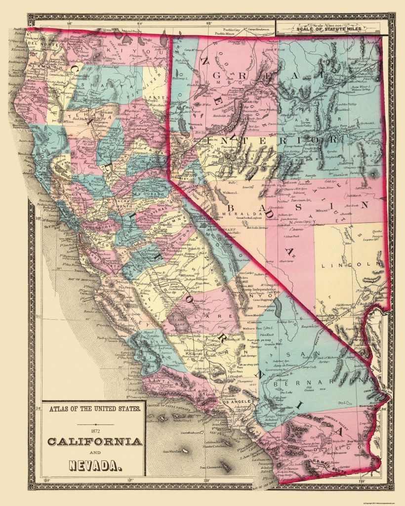 Old State Map - California, Nevada - 1872 - 23 X 28.75 - Walmart - Map Of California And Nevada