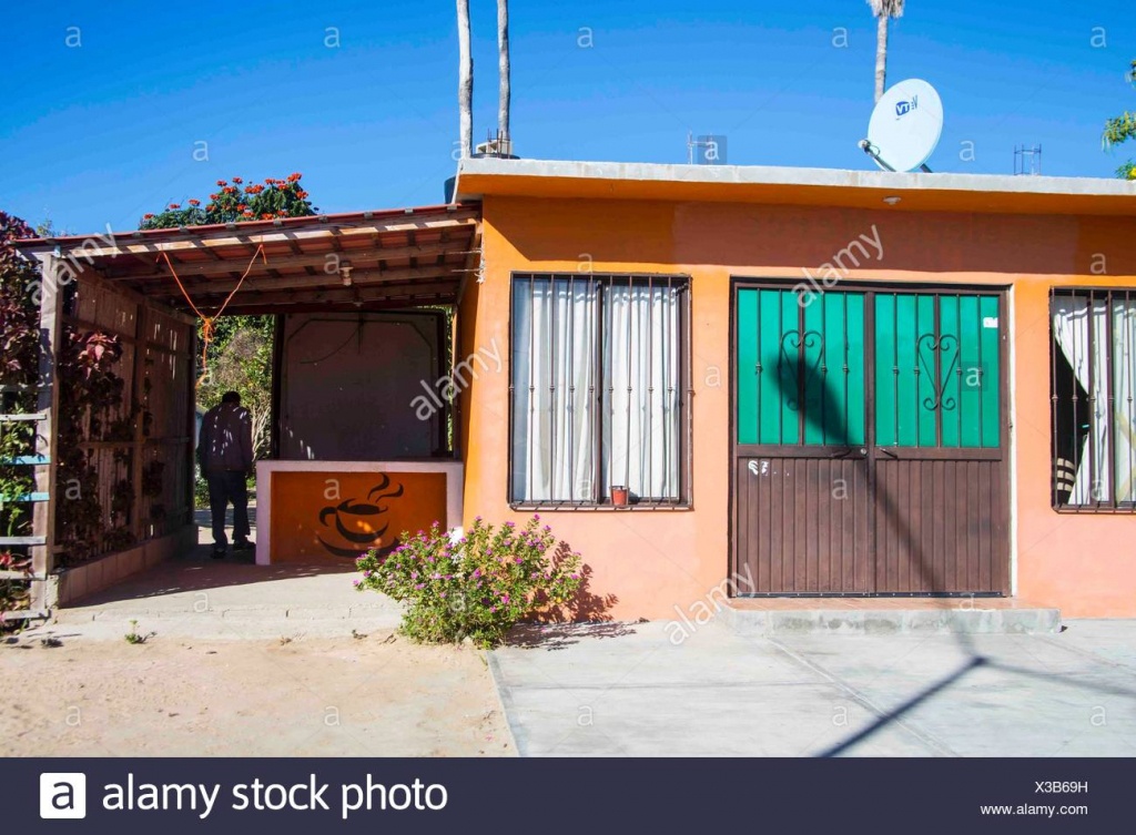 Old Typical Mexican Orange House With Iron Gates. Blue Sky, Sunny - Baja California Real Estate Map