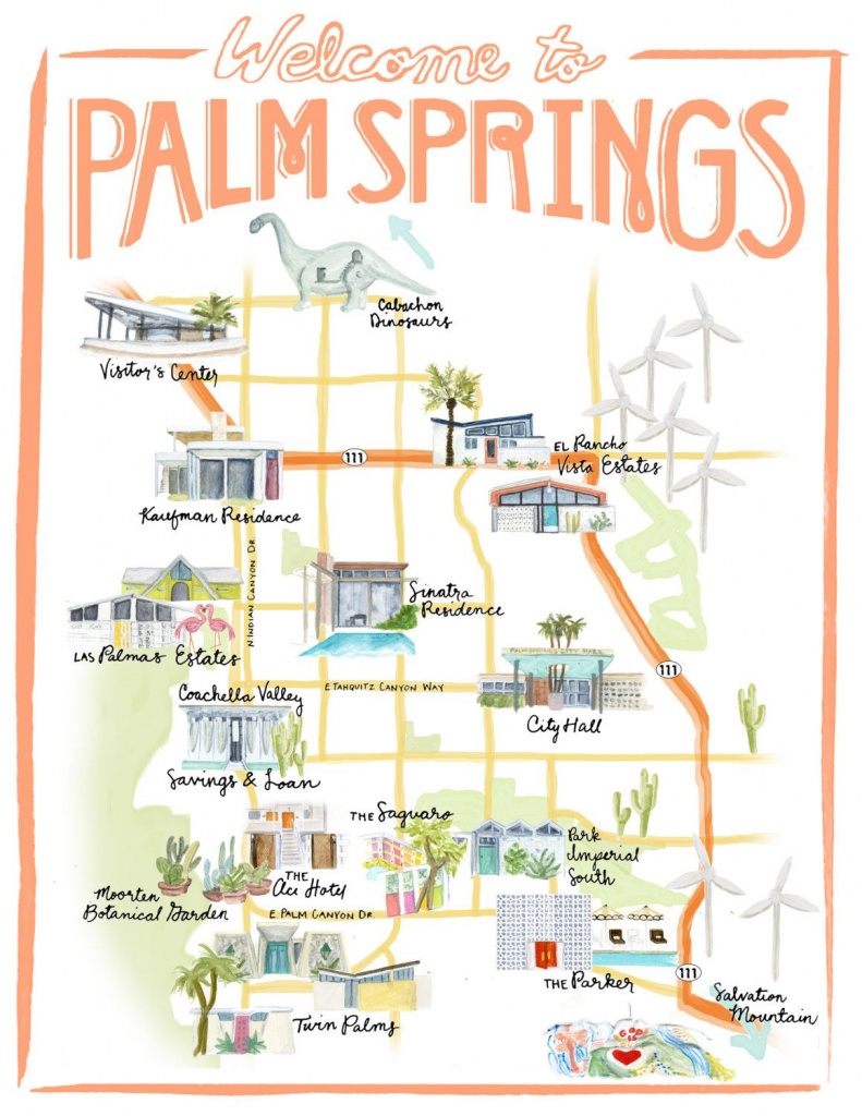 Palm Springs California Illustrated Travel Map Print Of Watercolor - Map Of Palm Springs California And Surrounding Area