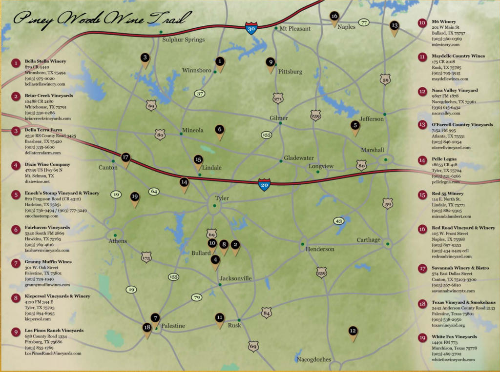 Piney Woods Wine Trail | Texas Uncorked - North Texas Wine Trail Map