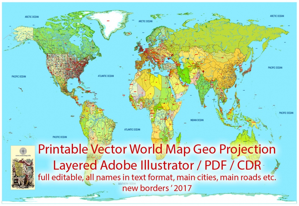 Printable Pdf Vector World Map Colored Political Updated 2017 Editable - World Map With Cities Printable