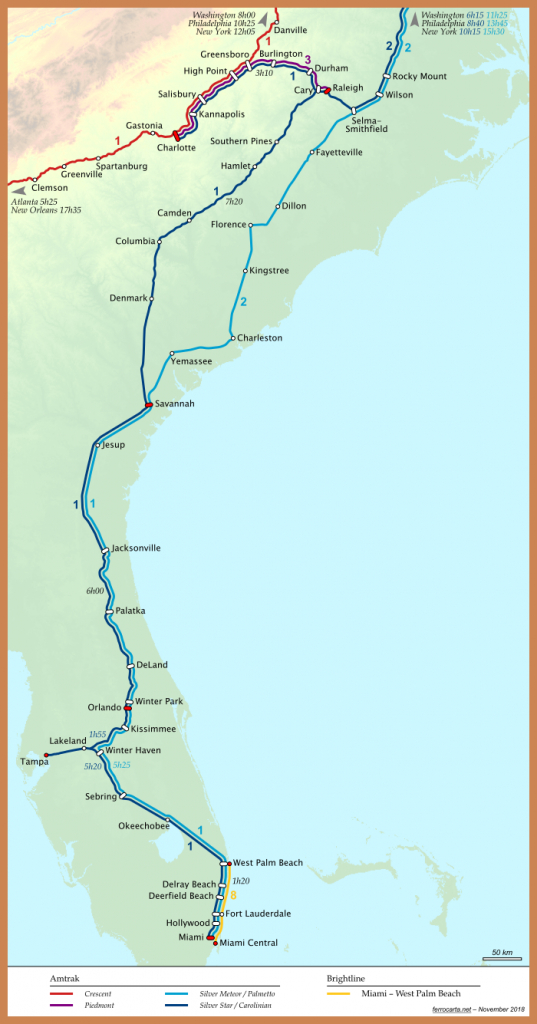Railway Maps Of The United States | Carolinas And Florida - Florida Brightline Map