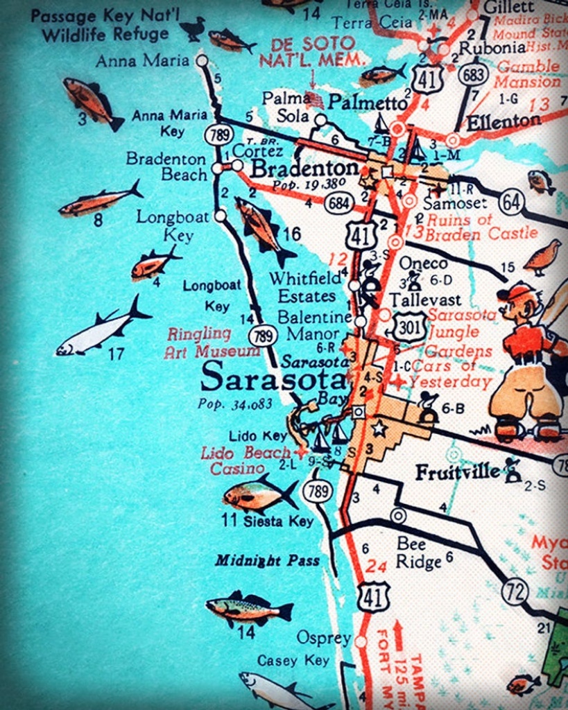 Sarasota Bradenton Retro Beach Map Print Funky Vintage | Etsy - Sarasota Beach Florida Map