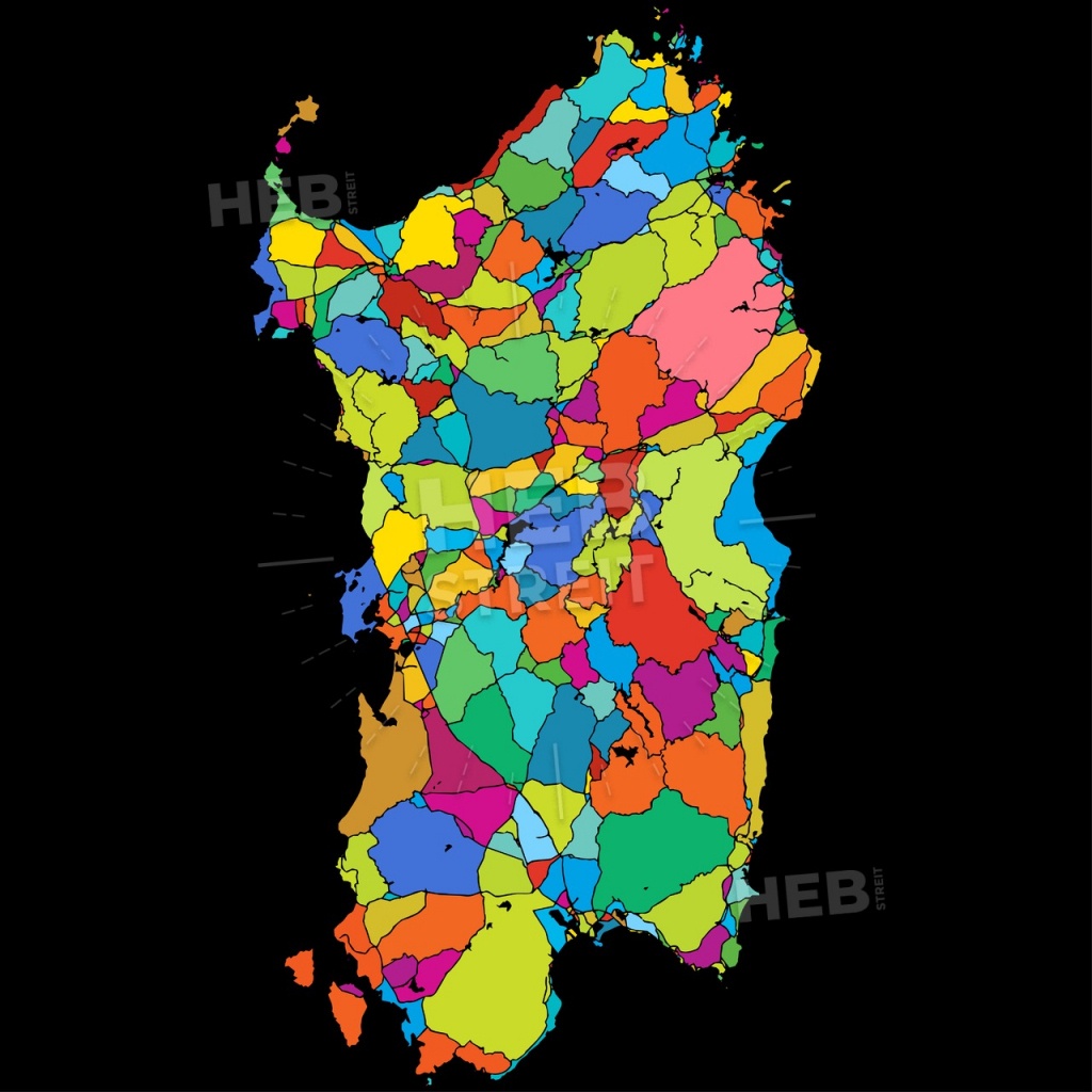 Sardinia, Island, Italy, Colorful Vector Map On Black | Hebstreits - Printable Map Of Italy To Color