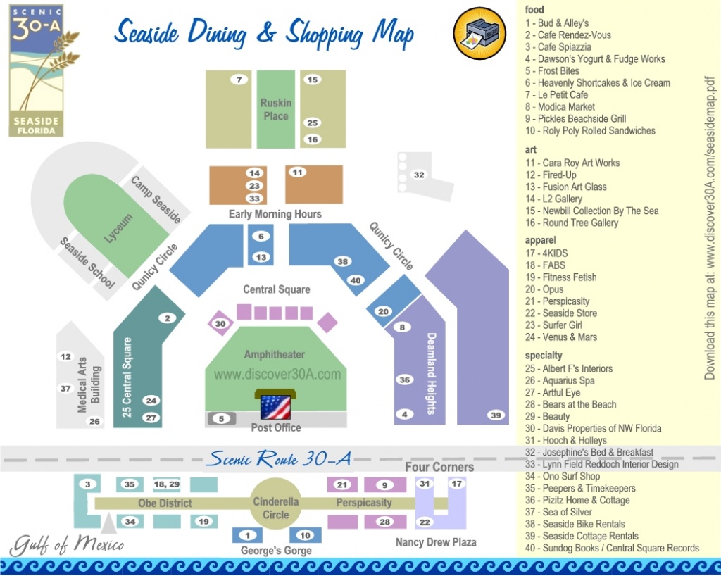 Seaside Dining And Shopping Map | Discover 30A Florida - Where Is Seaside Florida Located On Map