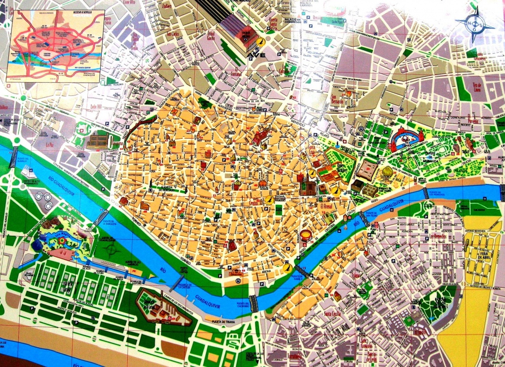 Streets Map Of Seville With Town Sights - Spain | Sevilla | Seville - Printable Tourist Map Of Seville
