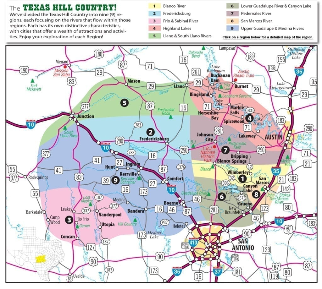 Texas Hill Country Map With Cities &amp;amp; Regions · Hill-Country-Visitor - Where Is Marble Falls Texas On The Map