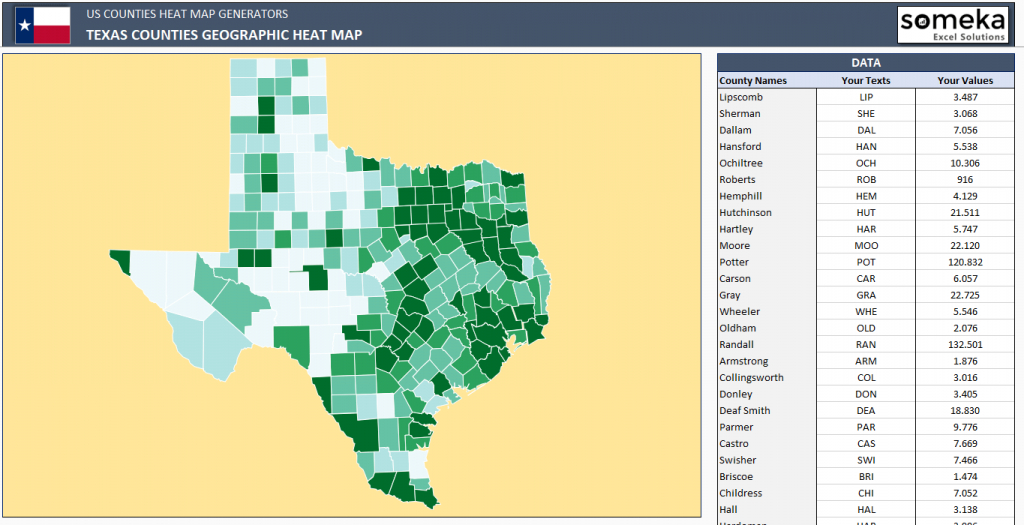 Us Counties Heat Map Generators - Automatic Coloring - Editable Shapes - Texas Heat Map