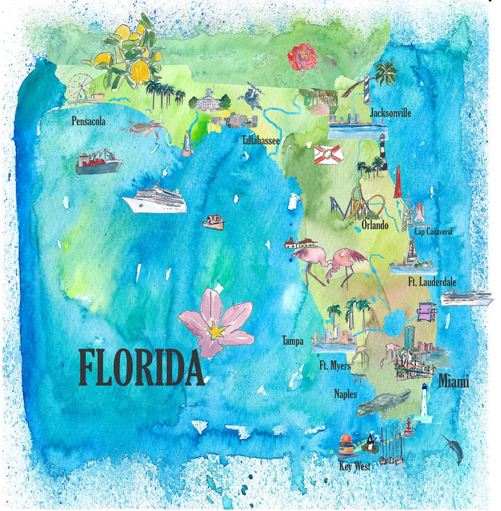 Usa Florida State Fine Art Print Retro Vintage Map With Touristic - Florida Map Artwork