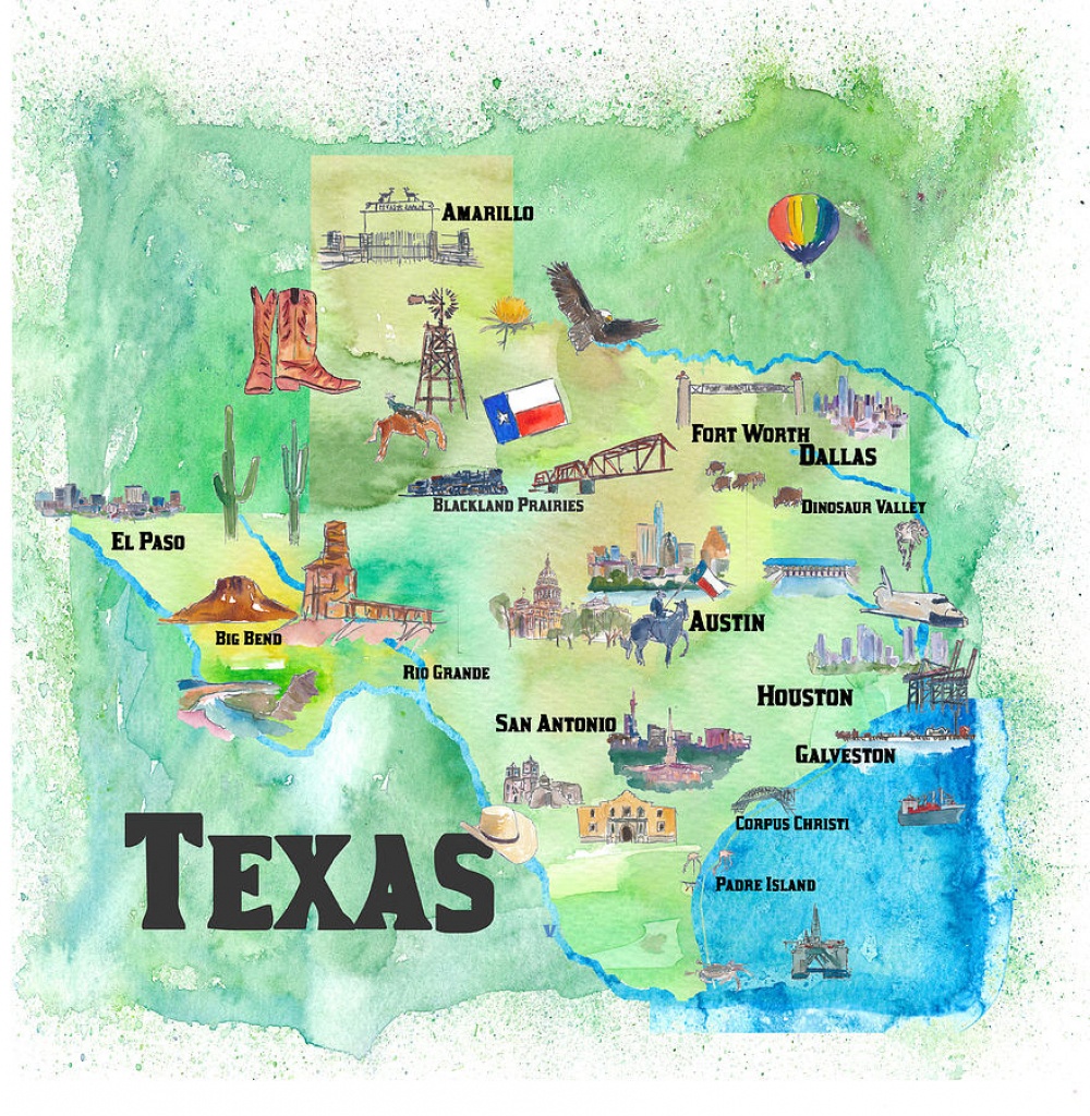 Usa Texas Travel Poster Map With Highlights Paintingm Bleichner - Travel Texas Map