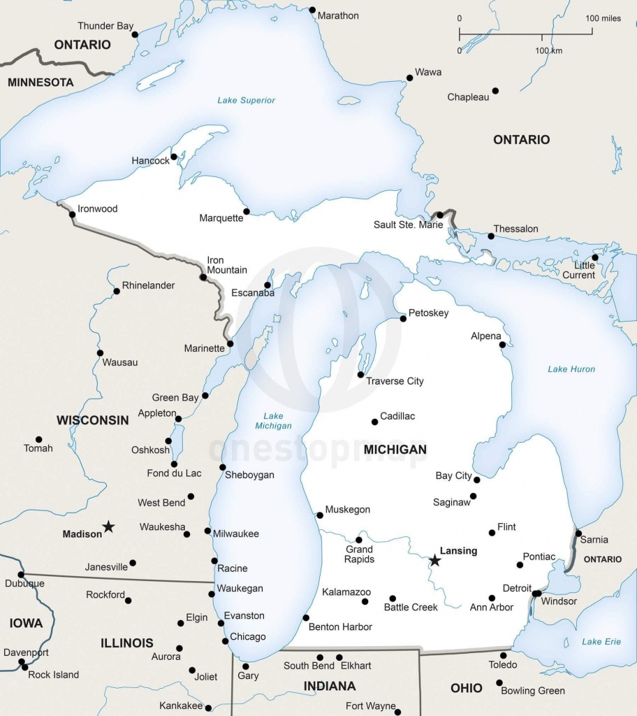 Vector Map Of Michigan Political | One Stop Map - Michigan River Map Printable