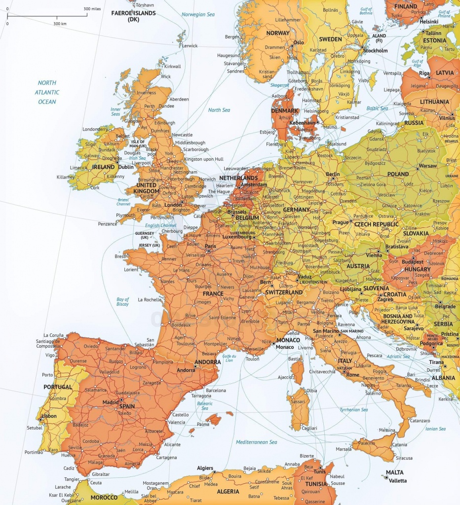 Vector Map Western Europe Roads Ferries | One Stop Map - World Map With Cities Printable