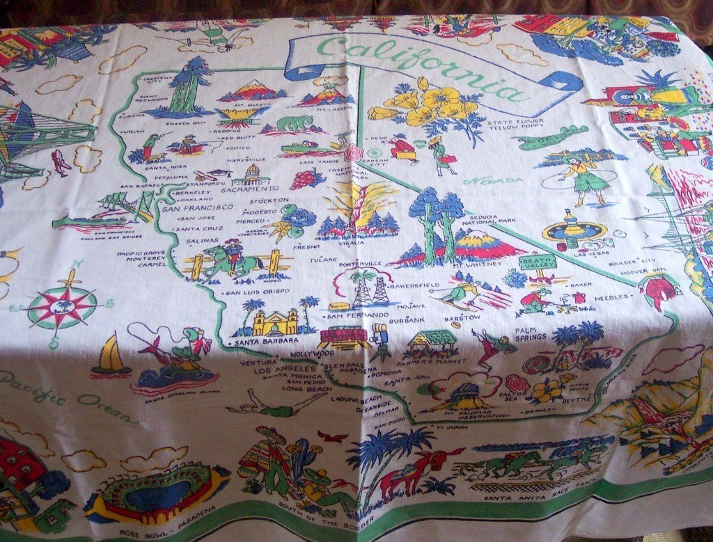 Vintage California State Tablecloth Pre-Disney 48 X 48 Mint And - Vintage California Map Tablecloth