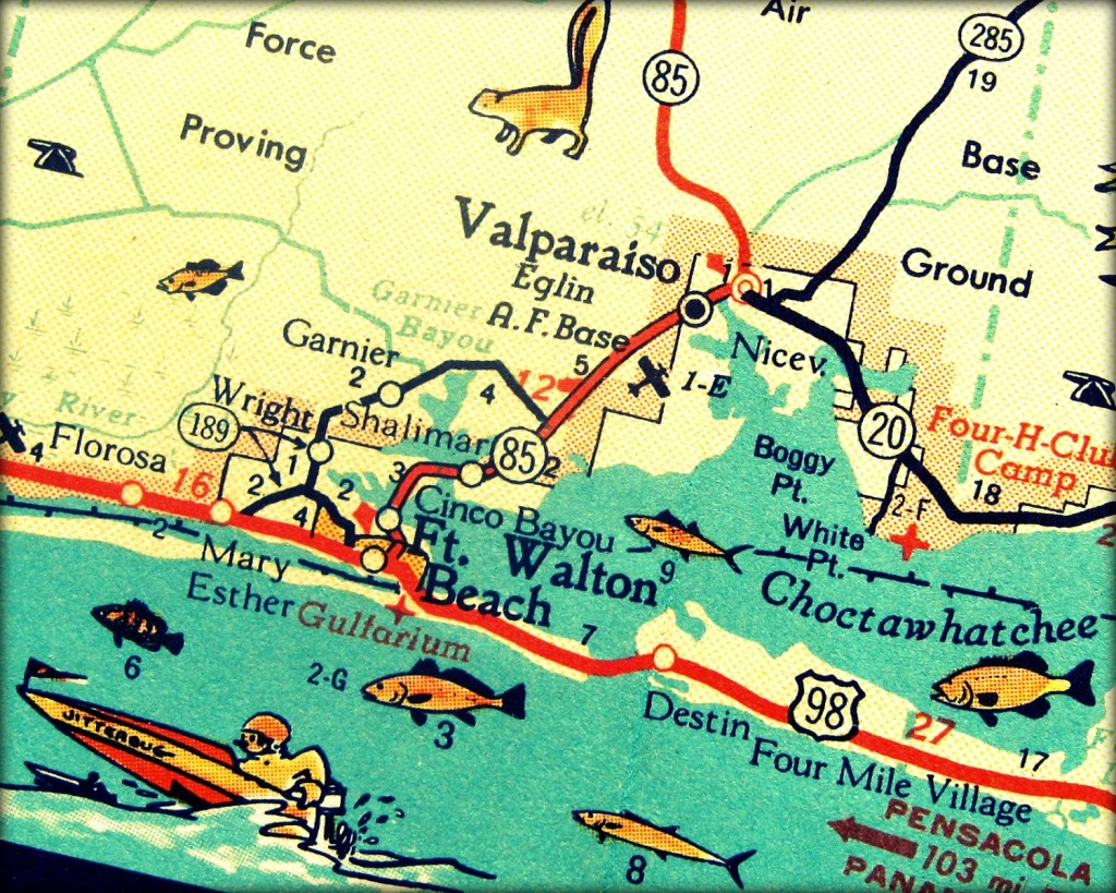 Vintage Map Art Of Destin Florida 8X10 Retro Map Ft Walton Beach - Destin Florida Map